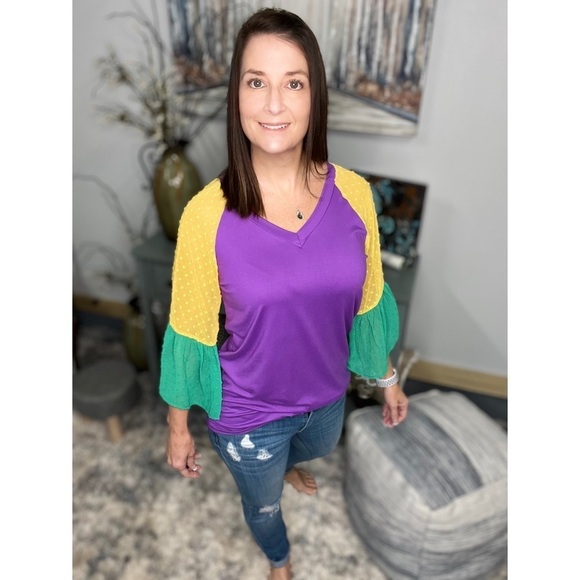 Mardi Gras Color Block Swiss Dot Flutter Bell Sleeves V Neck Tie Bottom 0724 - Picture 12 of 17